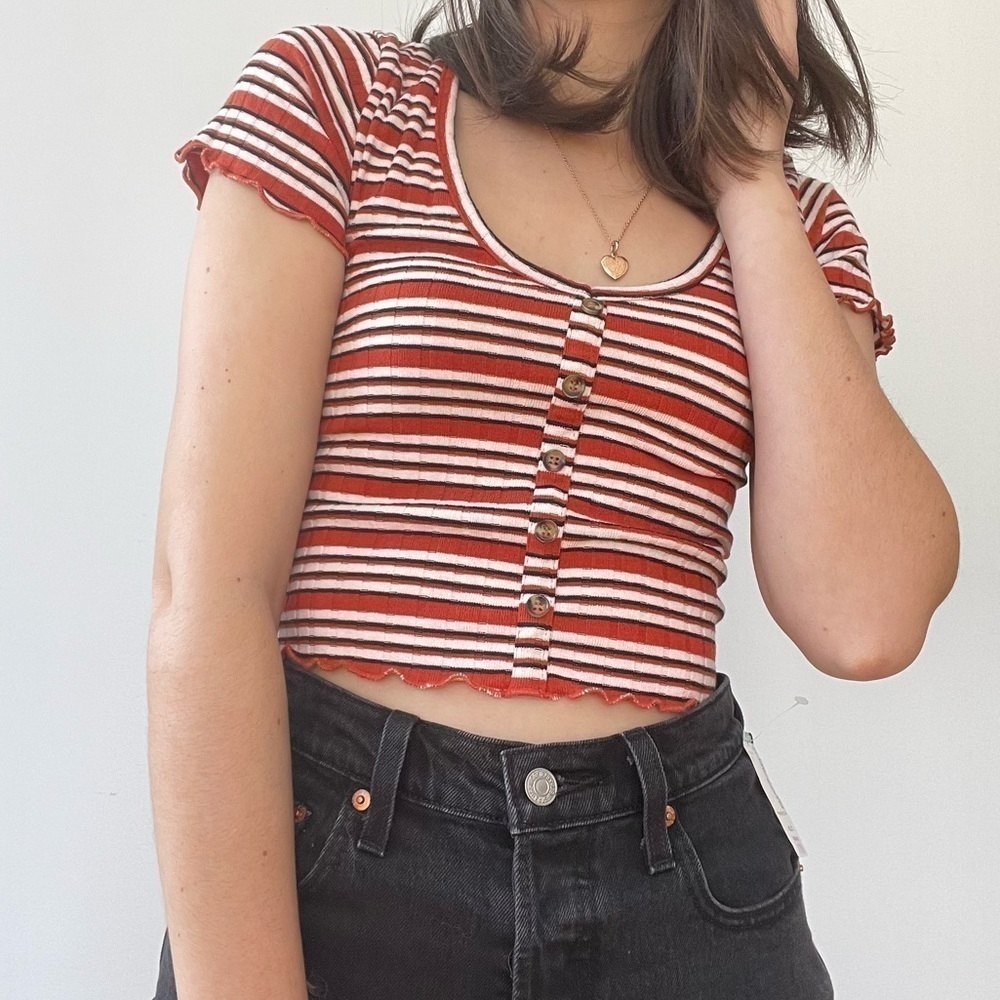 PRIMARK RIBBED  STRIPED CROP TEE - S